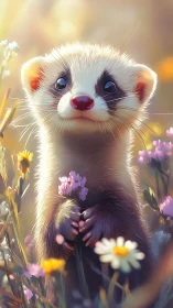 Sunlit ferret florist cradling wild meadow blossoms softly.