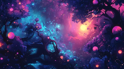 Cosmic forest glows under neon galaxies and radiant spheres.