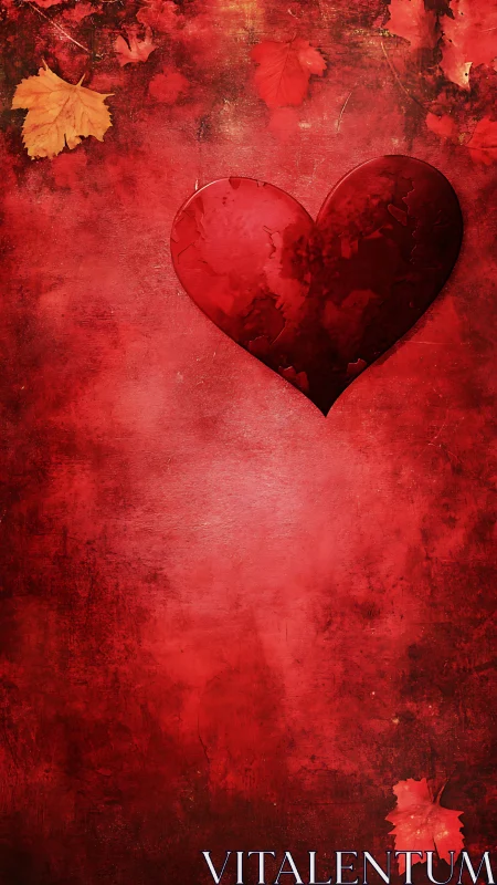 Crimson Heart on Grunge Texture with Autumn Leaves.