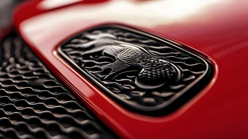 Close-up of luxury car grille with shiny animal emblem, modern style.