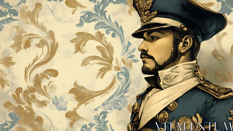 Regal naval officer poised before ornate baroque wallpaper.