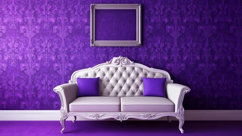Purple damask wall with white tufted sofa and empty frame.