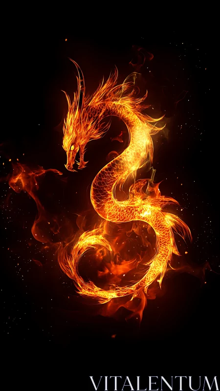 Blazing fire dragon coils in darkness and radiates power.