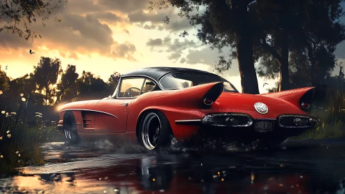 Red classic sports car drives on wet rural road at dusk