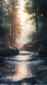 Sunlit stream flowing through misty forest canopy