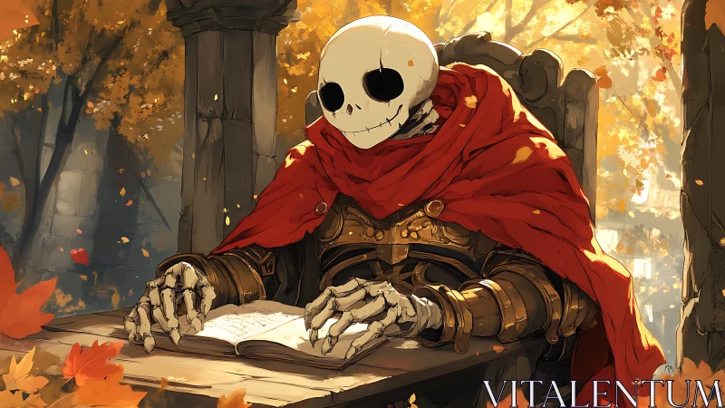 Skeleton knight studies an open book amid autumn foliage