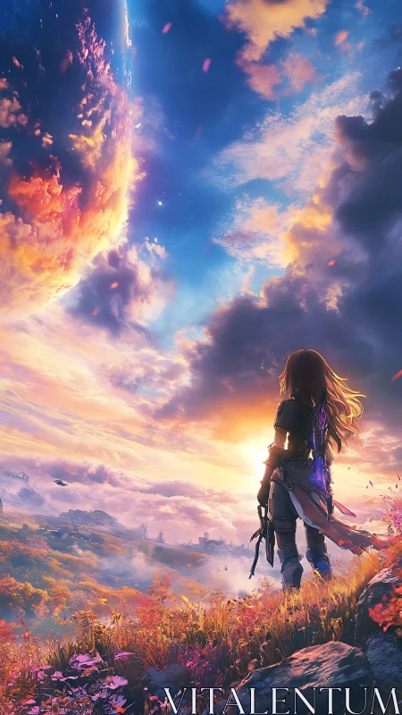 Solitary warrior surveys cosmic horizon at burning sunset