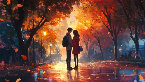 Couple Meeting Beneath Glowing Autumn Trees.