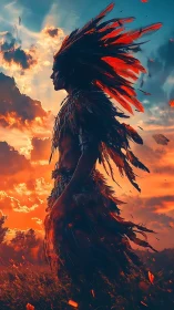 Feathered warrior silhouette stands against blazing sunset sky