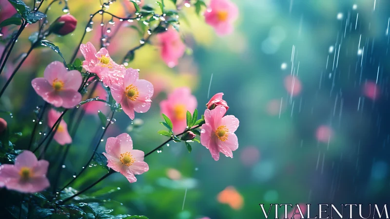 Pink Peony Blossoms Dance in Gentle Rain