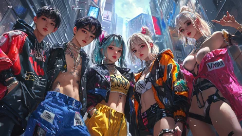 Cyberpunk street crew in neon urban canyon with rain gloss