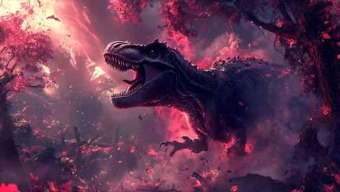 Roaring tyrannosaur storms through a blazing neon jungle