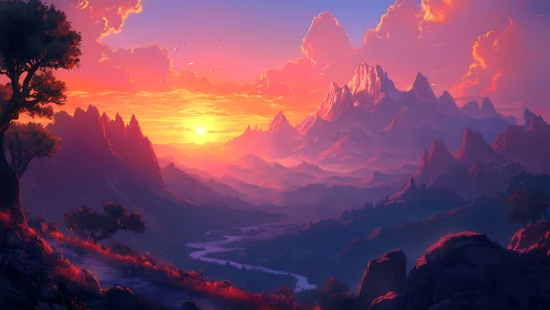 Sunlit valley path winding toward glowing fantasy peaks.