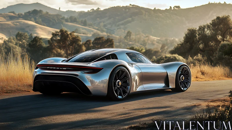 Futuristic silver sports car glows on a sunlit country road