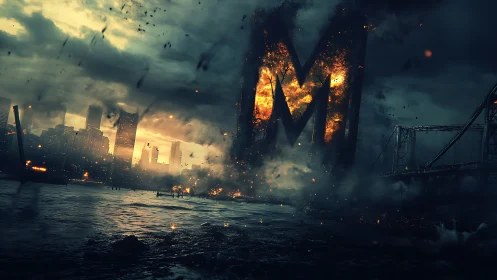Monolithic flaming M engulfs a stormy, collapsing cityscape.