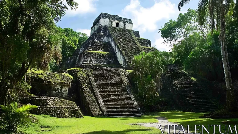 Sunlit jungle temple rising from a lush emerald clearing.