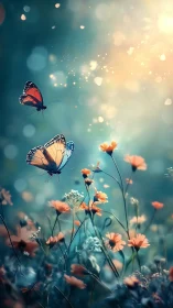 Macro study of monarch butterflies over bokeh wildflower meadow