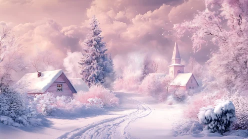 Pink winter village with cottages and church in snow.