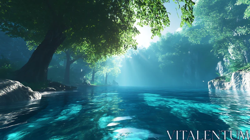 Sunlit forest lagoon with glowing turquoise water and calm air.