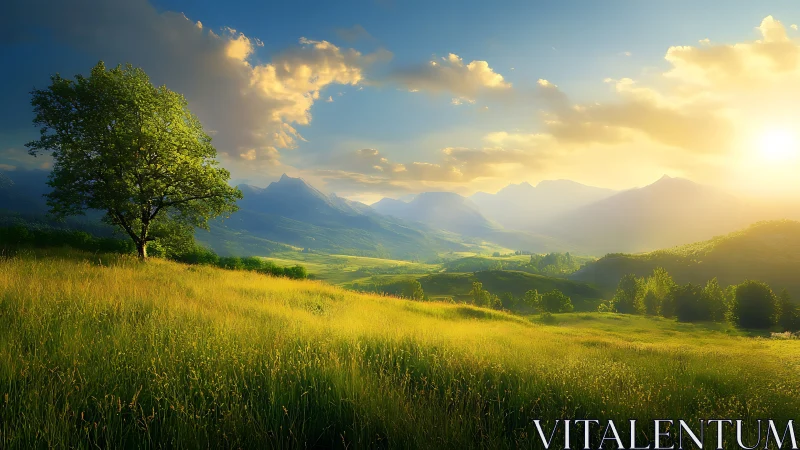 Digital painting landscape with luminous alpine meadow and sunlit valley.