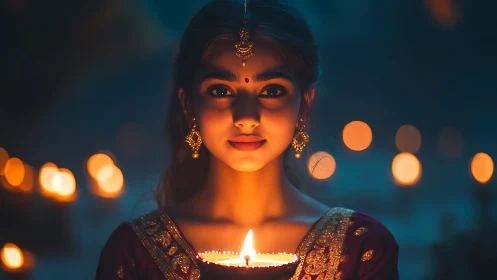 Young woman holding diya lamp during festival, soft warm lighting.