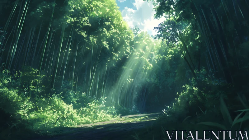 Sunlit forest pathway with tall trees and atmospheric light rays