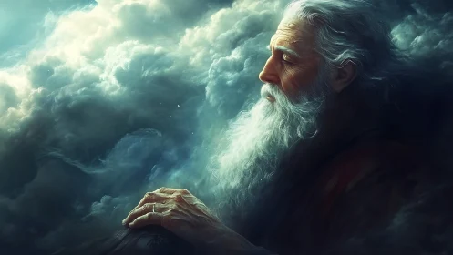 Ethereal elder profile within luminous storm clouds.