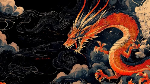 Fiery red dragon coils through storm clouds in night sky.