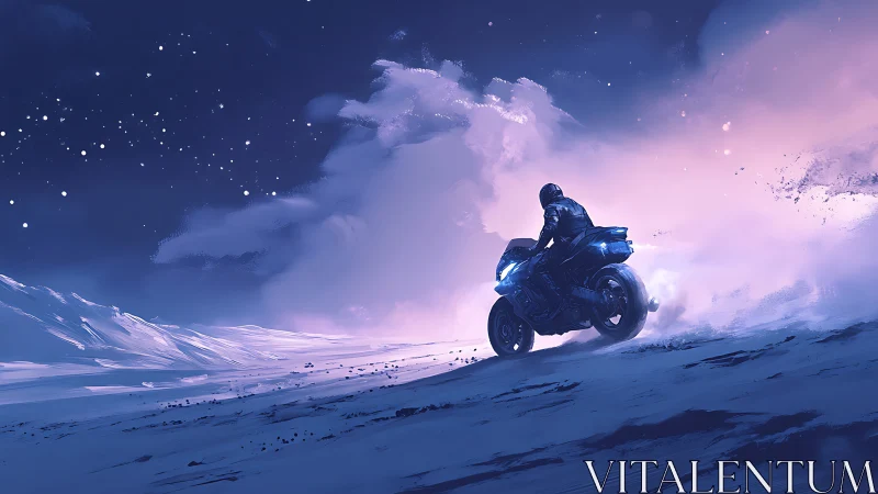 Digital painting of rider on neon bike in snowy dusk landscape.