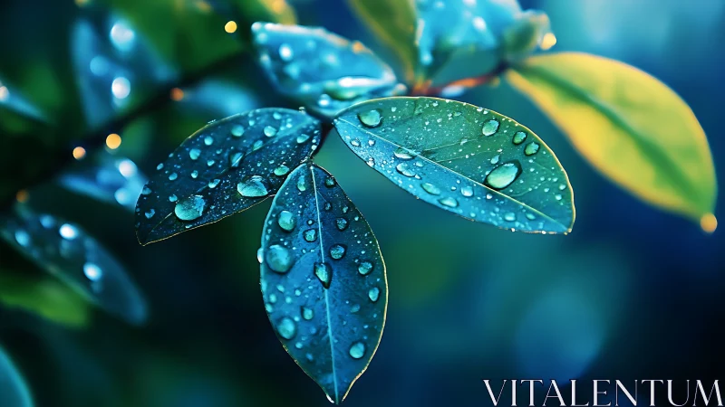 Close-up of vibrant wet leaves in soft blue bokeh light.