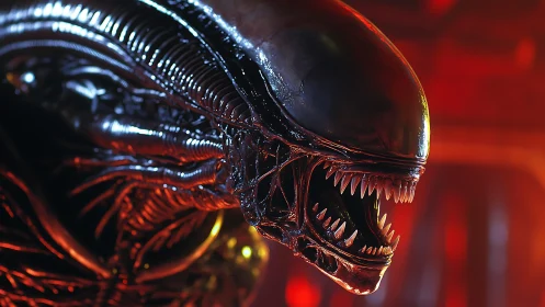 Biomechanical alien creature head in red-lit environment.