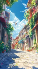 Sunlit flowered alleyway in tranquil Mediterranean townscape.