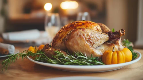 Roasted Poultry Centerpiece with Autumn Garnish and Ambient Lighting