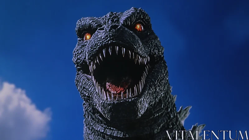 Close view of roaring reptilian monster against blue sky