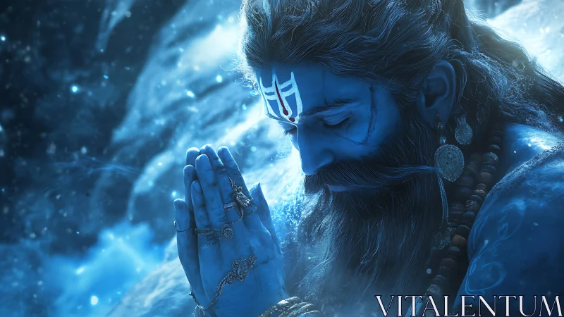 Blue-lit ascetic profile with clasped hands and intricate ornaments