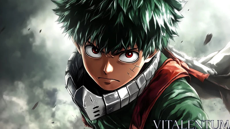 Green haired anime hero in battle ready frontal pose.