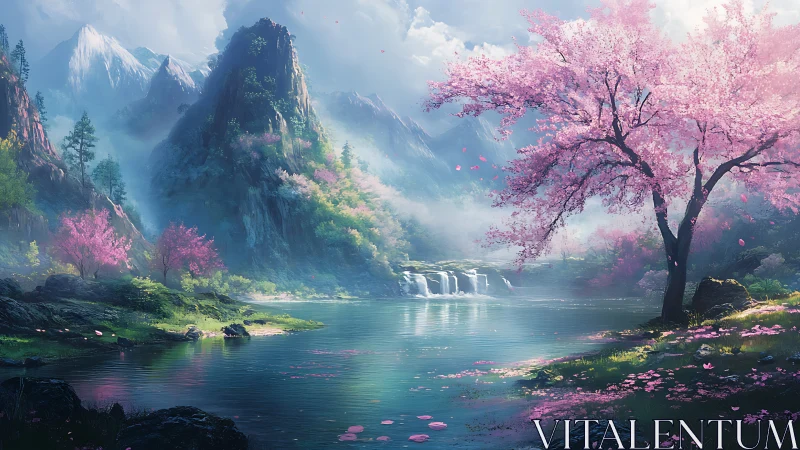 Blossom-draped valley lake beneath mist-kissed mountains.
