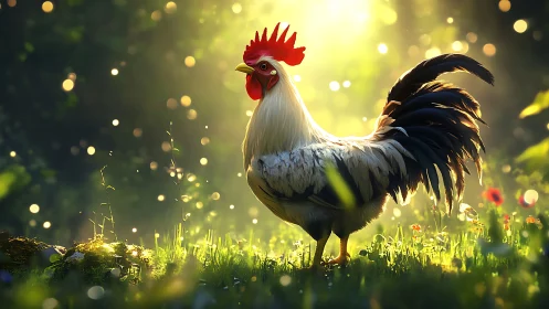 White Rooster with Crimson Crest in Luminescent Garden Environment.