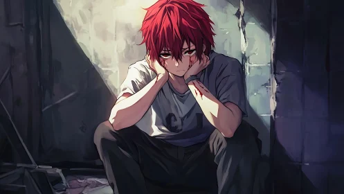 Injured red haired teen in chiaroscuro alley enclosure.