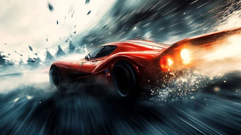 Red sports car powers through wet highway at extreme speed