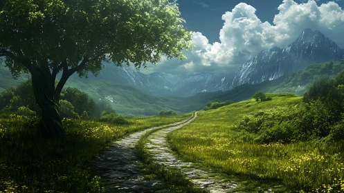 Sunlit stone path winding through verdant mountain valley.