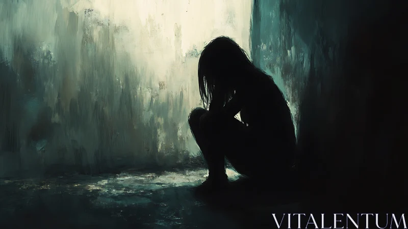 Digital painting of solitary figure in chiaroscuro interior space.