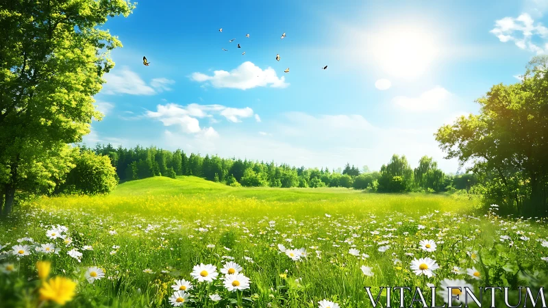 Sunlit daisy meadow whispering under a wide blue sky.