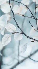 Soft pale leaves rest gently on a quiet winter branch