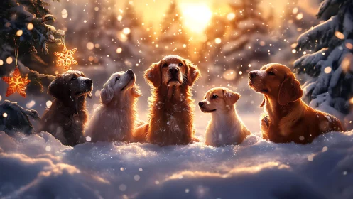 Winter-lit canine group portrait under soft golden snowfall