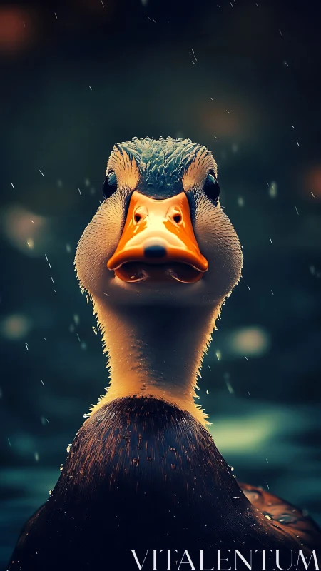 Cinematic duck portrait with rain-lit plumage detail.