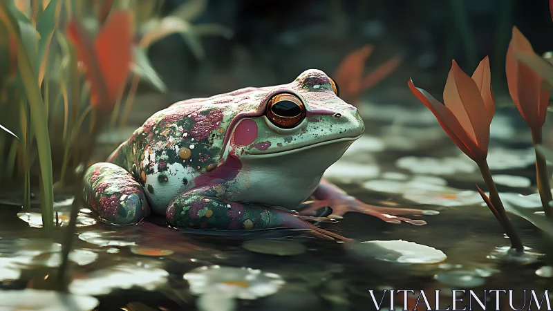 Paint spattered pond monarch blinks through soft dusk light