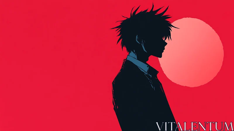 Silhouetted anime boy stands before large red sun