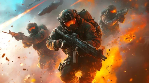 Dynamic tactical squad charge in explosive digital painting.