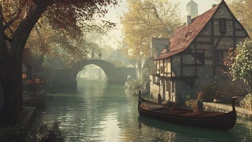 Canal with stone bridge and timber houses in soft daylight.